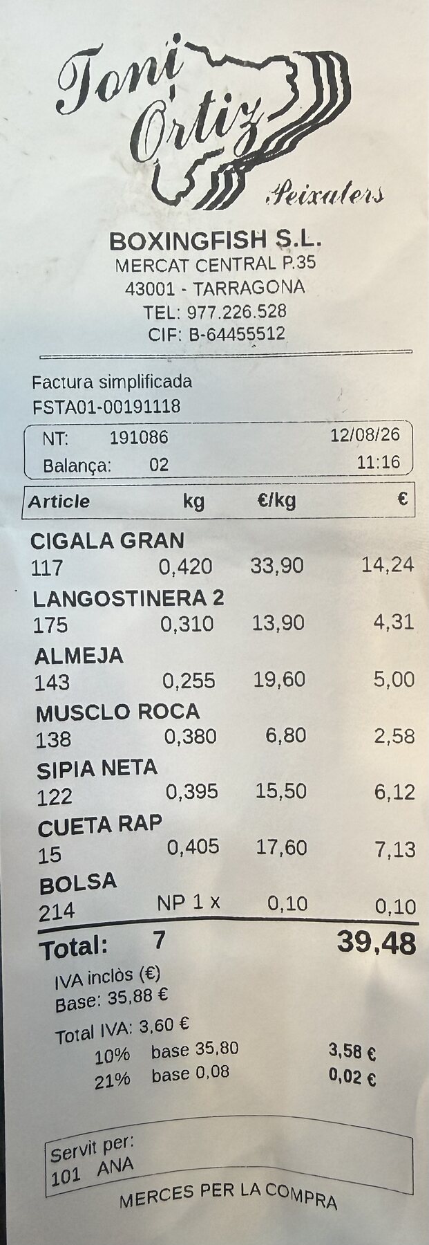 El tique de la compra de pescado y marisco